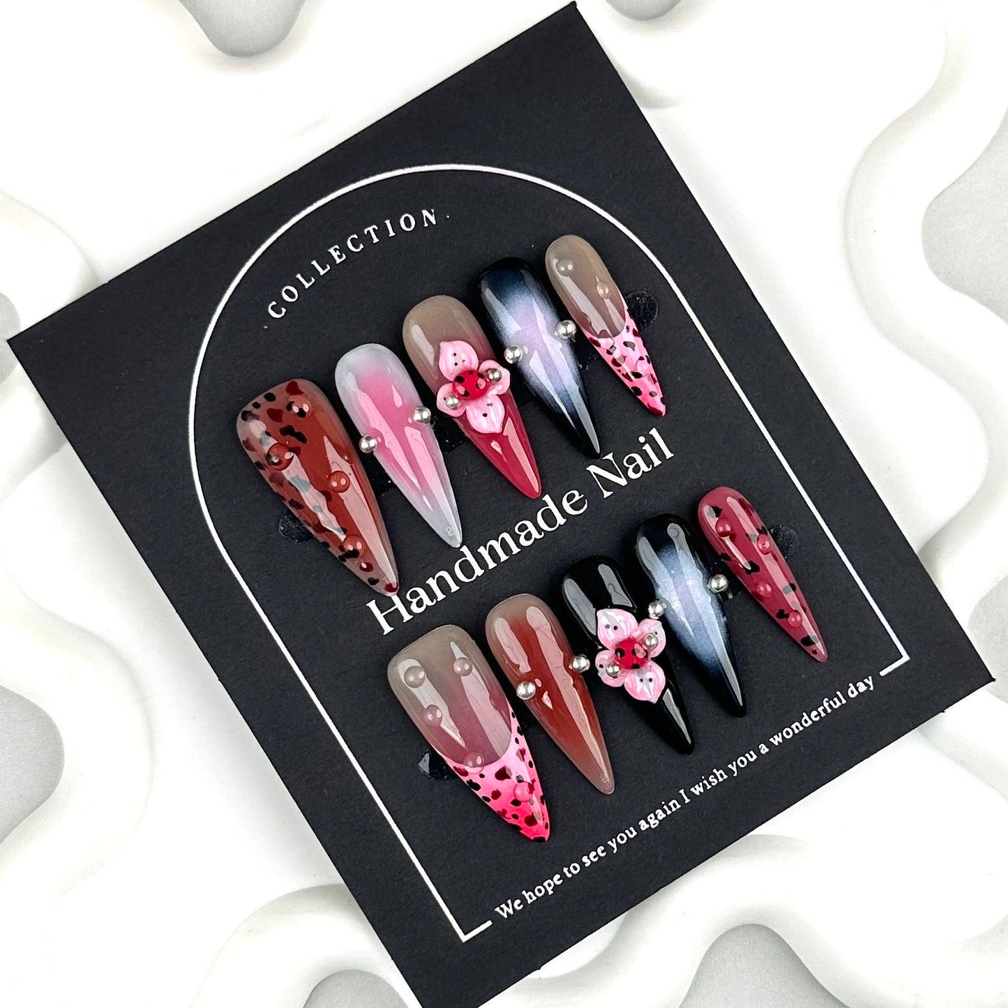 AF2300-Long Coffin Handmade Press On Nails with Leopard Print, Gradient Chrome Effect, 3D Flower Design, Pearl Rhinestones, Pink and Black Nail Art