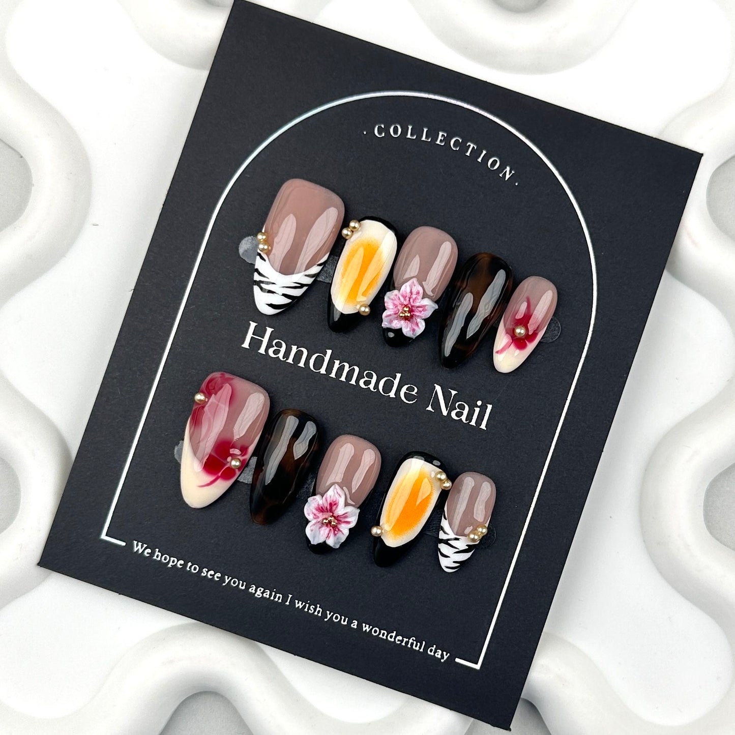 AF2910-Handmade Press-On Nails with Zebra Stripes, 3D Flowers, Pearls & Gradient Design – Elegant Mixed Art Set
