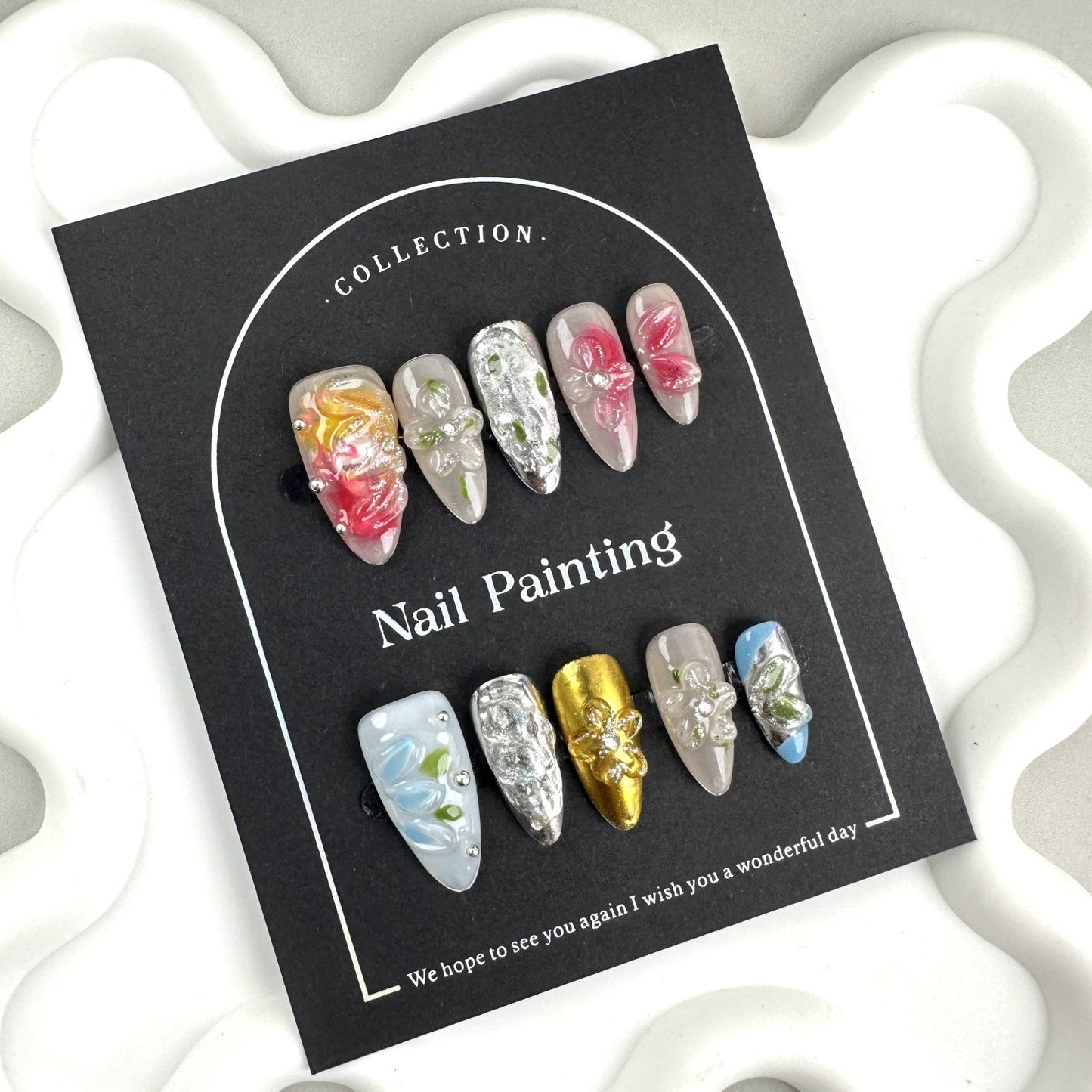 AF2870-Long Coffin Handmade Press On Nails with Leopard Print, Gradient Chrome Effect, 3D Flower Design