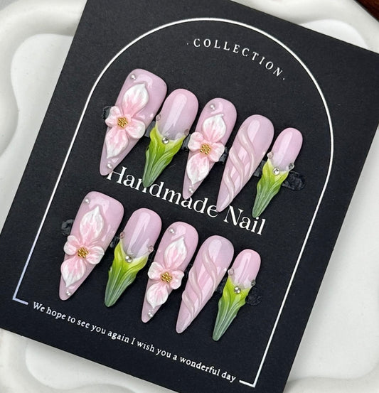 AF2370-Senior Spice Girl white handmade patches French three-dimensional carving wear nail nail art removable nails tulips