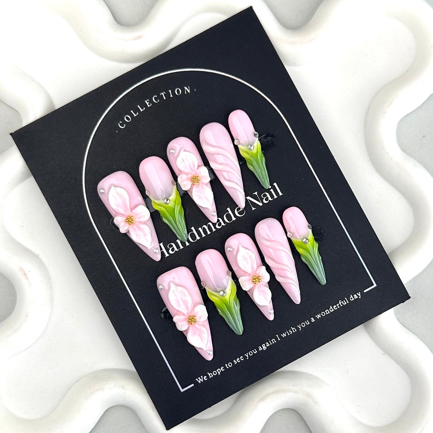 AF2370-Senior Spice Girl white handmade patches French three-dimensional carving wear nail nail art removable nails tulips