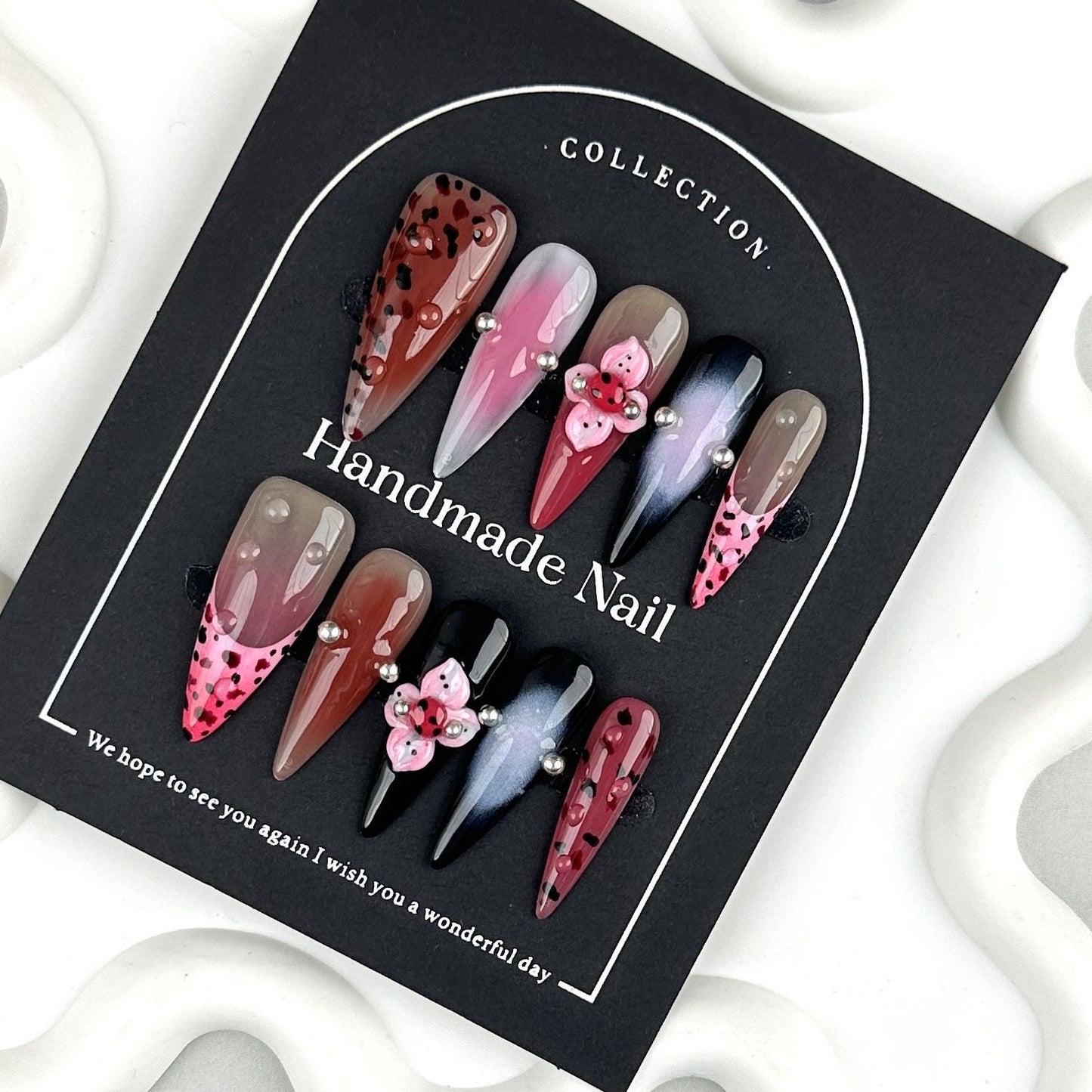AF2300-Long Coffin Handmade Press On Nails with Leopard Print, Gradient Chrome Effect, 3D Flower Design, Pearl Rhinestones, Pink and Black Nail Art