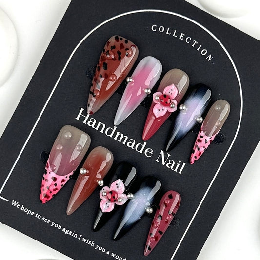 AF2300-Long Coffin Handmade Press On Nails with Leopard Print, Gradient Chrome Effect, 3D Flower Design, Pearl Rhinestones, Pink and Black Nail Art