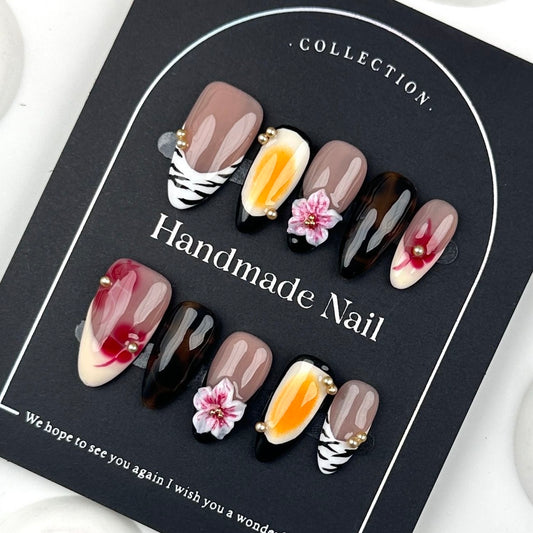 AF2910-Handmade Press-On Nails with Zebra Stripes, 3D Flowers, Pearls & Gradient Design – Elegant Mixed Art Set