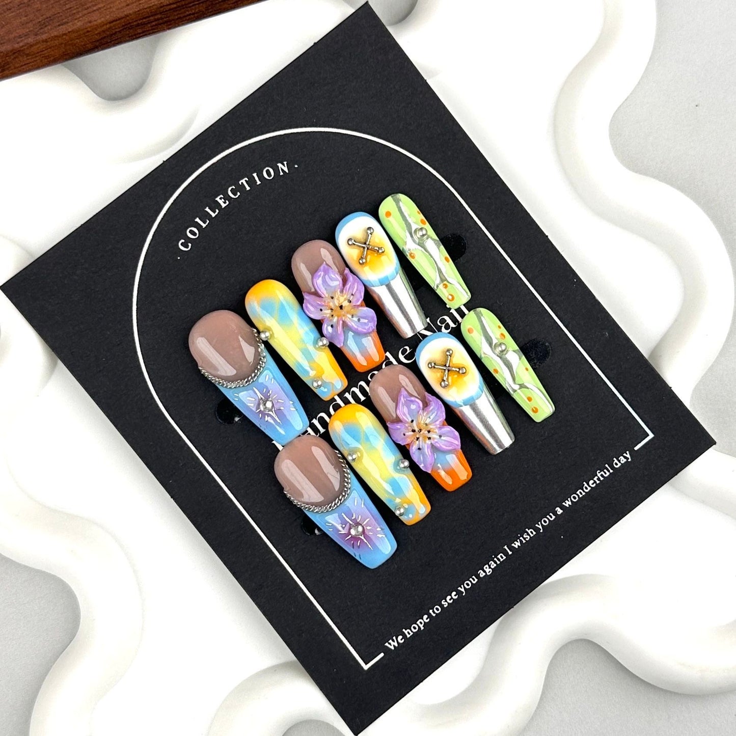 AF2900-Long Coffin Handmade Press On Nails with Leopard Print, Gradient Chrome Effect, 3D Flower Design, Pearl Rhinestones,