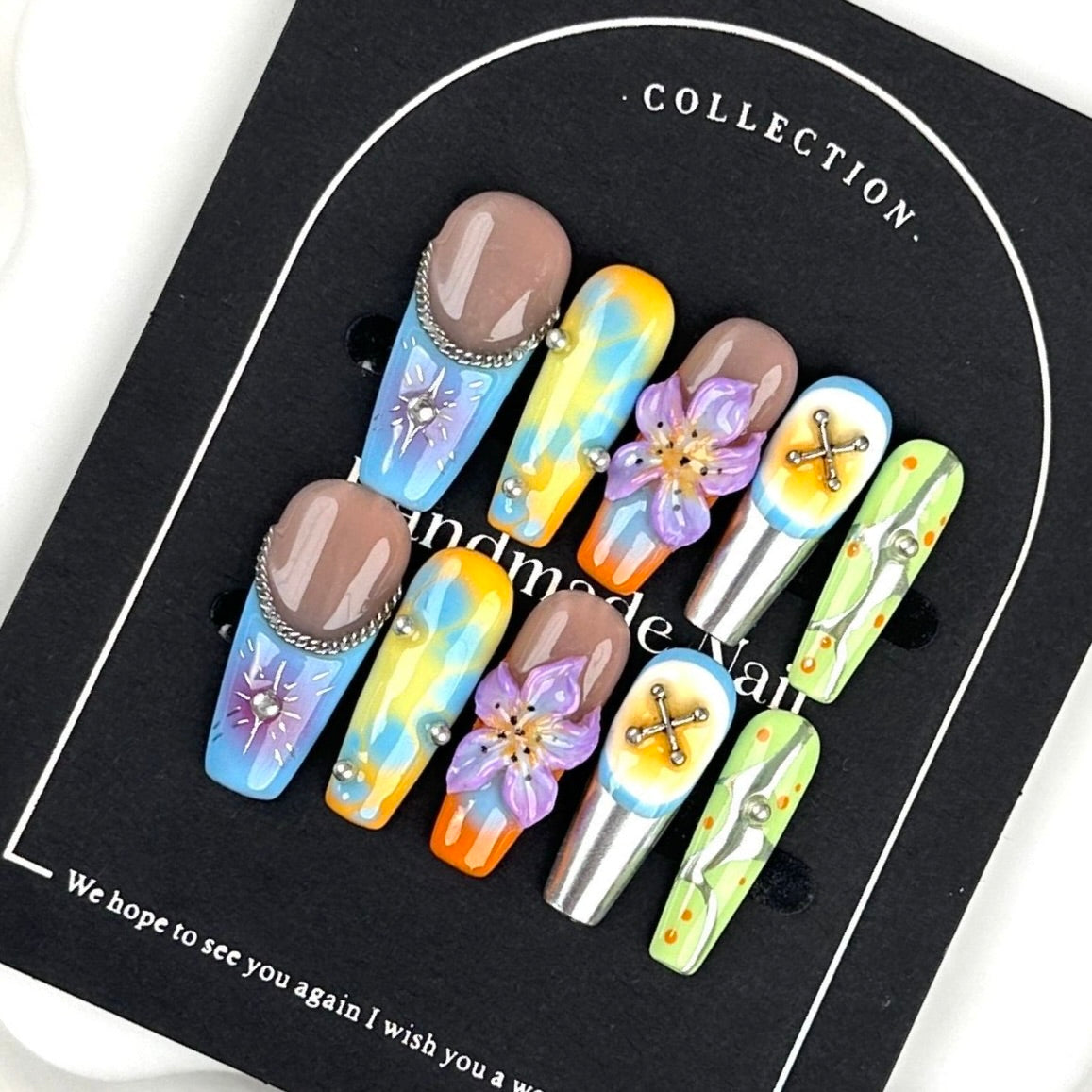 AF2900-Long Coffin Handmade Press On Nails with Leopard Print, Gradient Chrome Effect, 3D Flower Design, Pearl Rhinestones,