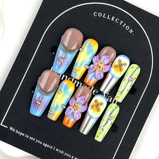 AF2900-Long Coffin Handmade Press On Nails with Leopard Print, Gradient Chrome Effect, 3D Flower Design, Pearl Rhinestones,