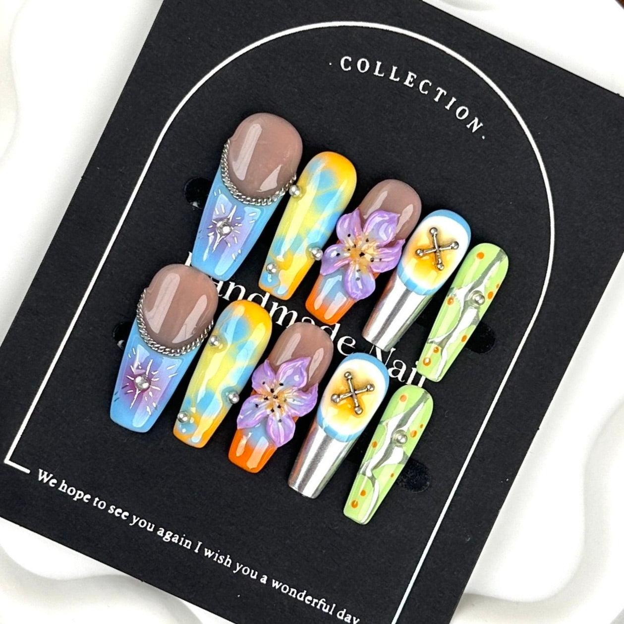AF2900-Long Coffin Handmade Press On Nails with Leopard Print, Gradient Chrome Effect, 3D Flower Design, Pearl Rhinestones,