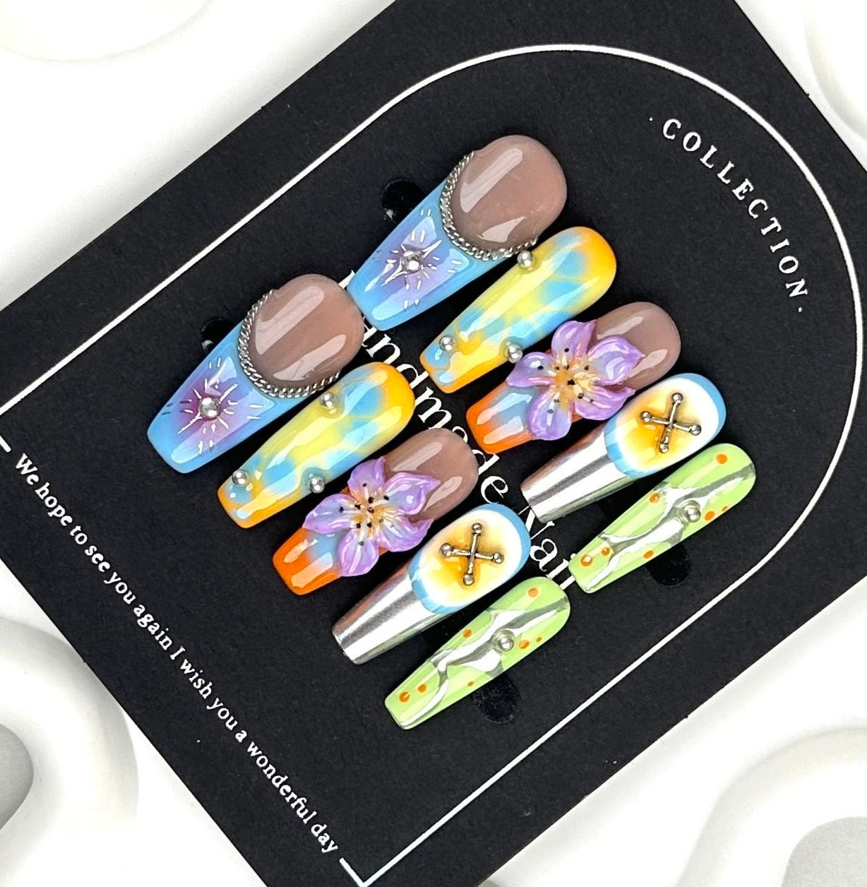 AF2900-Long Coffin Handmade Press On Nails with Leopard Print, Gradient Chrome Effect, 3D Flower Design, Pearl Rhinestones,