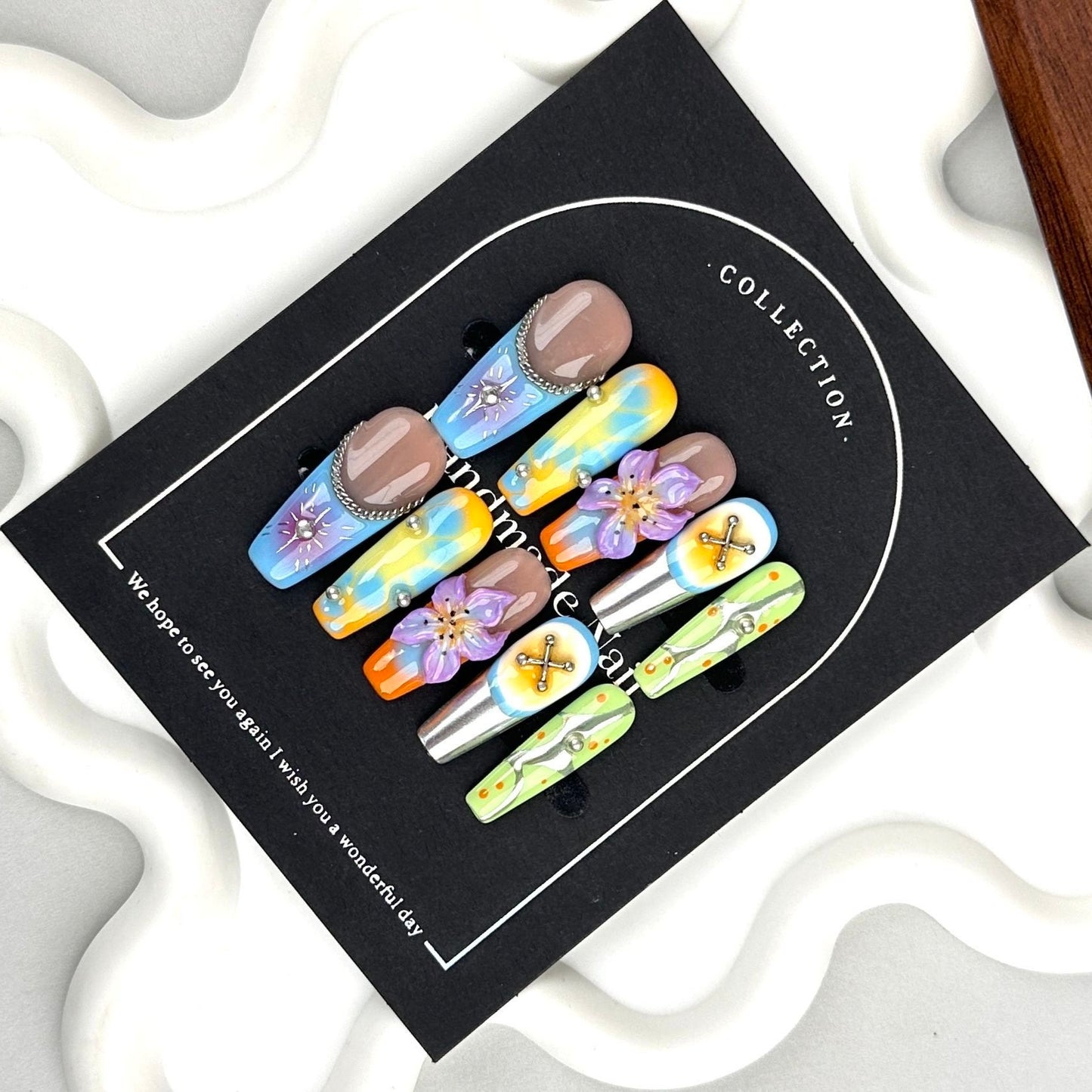 AF2900-Long Coffin Handmade Press On Nails with Leopard Print, Gradient Chrome Effect, 3D Flower Design, Pearl Rhinestones,