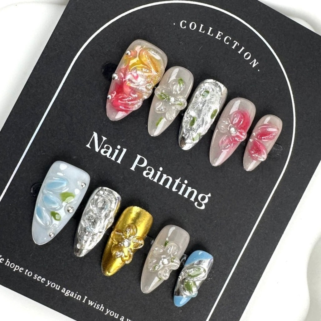 AF2870-Long Coffin Handmade Press On Nails with Leopard Print, Gradient Chrome Effect, 3D Flower Design