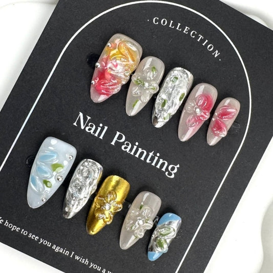 AF2870-Long Coffin Handmade Press On Nails with Leopard Print, Gradient Chrome Effect, 3D Flower Design
