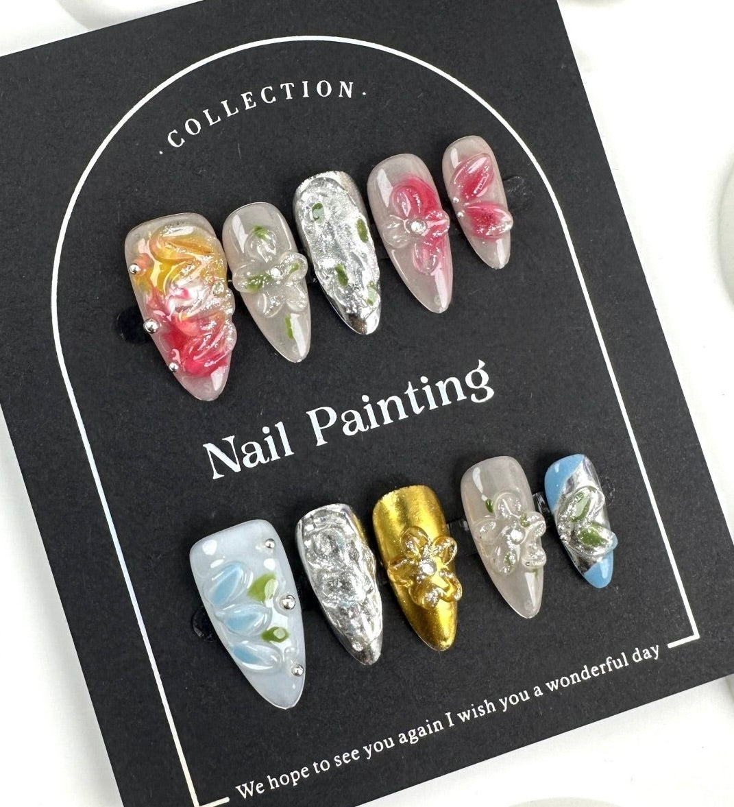 AF2870-Long Coffin Handmade Press On Nails with Leopard Print, Gradient Chrome Effect, 3D Flower Design