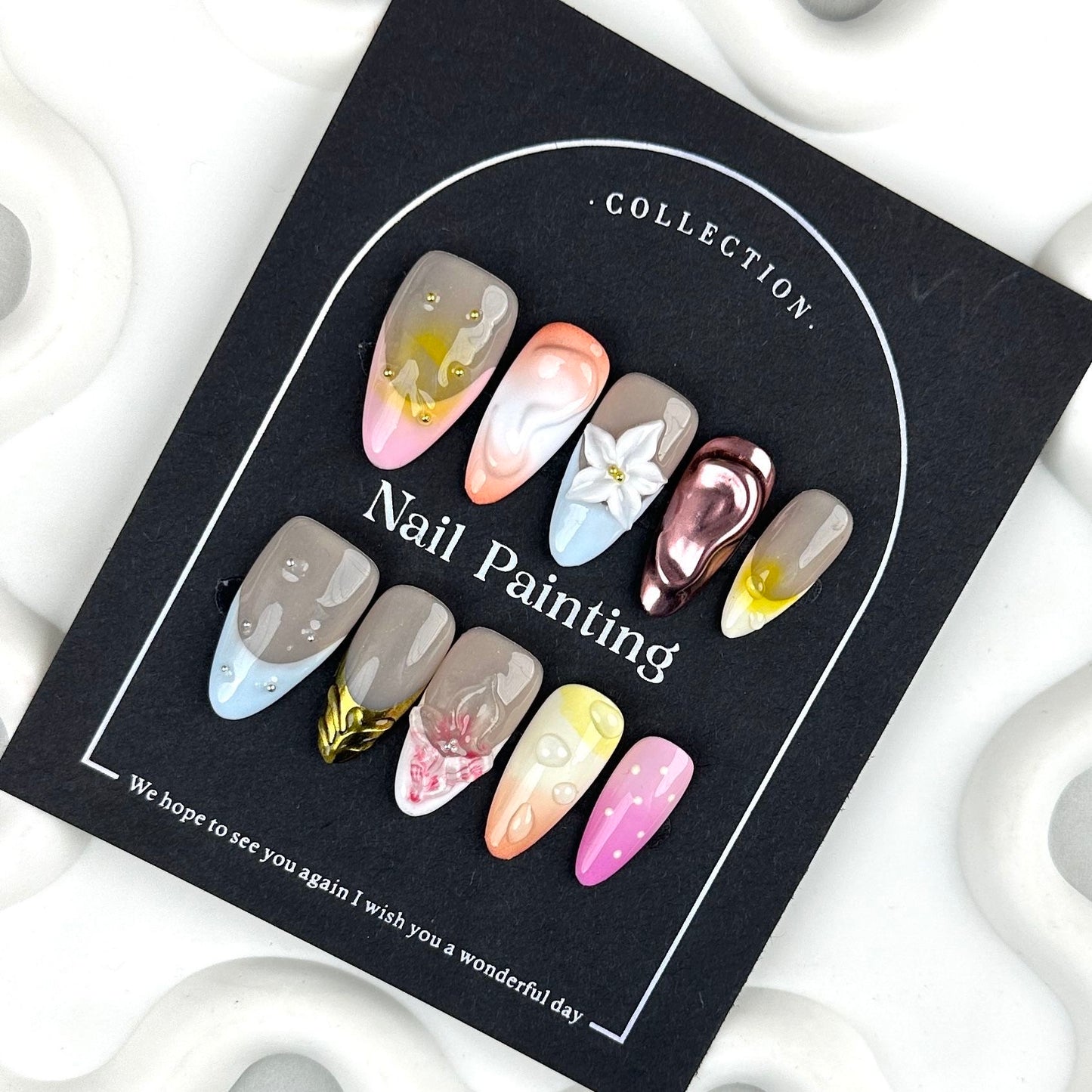 AF3130Zebra Stripe & Gradient Press-On Nails with 3D Flowers and Pearls – Handmade Artistic Nail Tips
