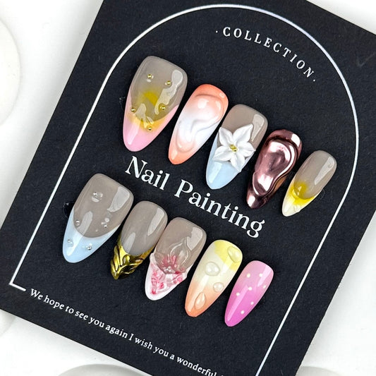 AF3130Zebra Stripe & Gradient Press-On Nails with 3D Flowers and Pearls – Handmade Artistic Nail Tips