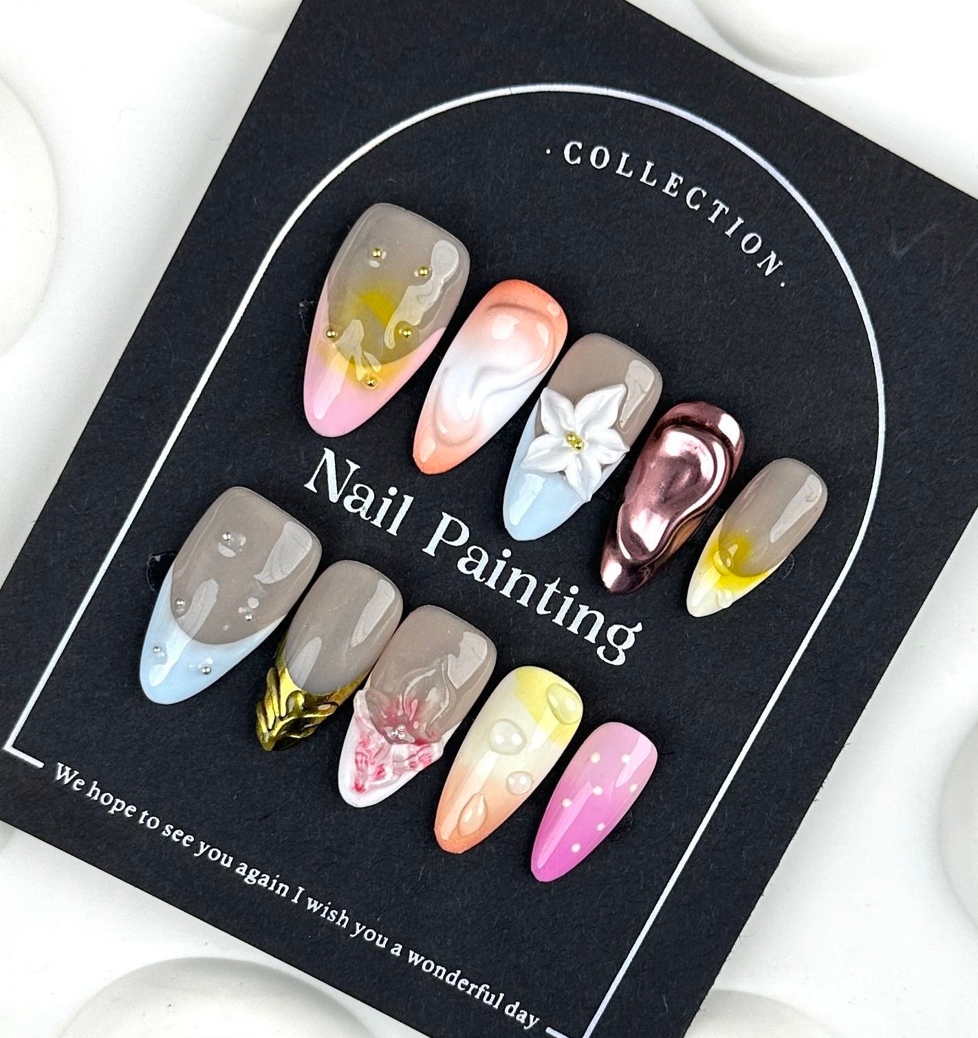 AF3130Zebra Stripe & Gradient Press-On Nails with 3D Flowers and Pearls – Handmade Artistic Nail Tips