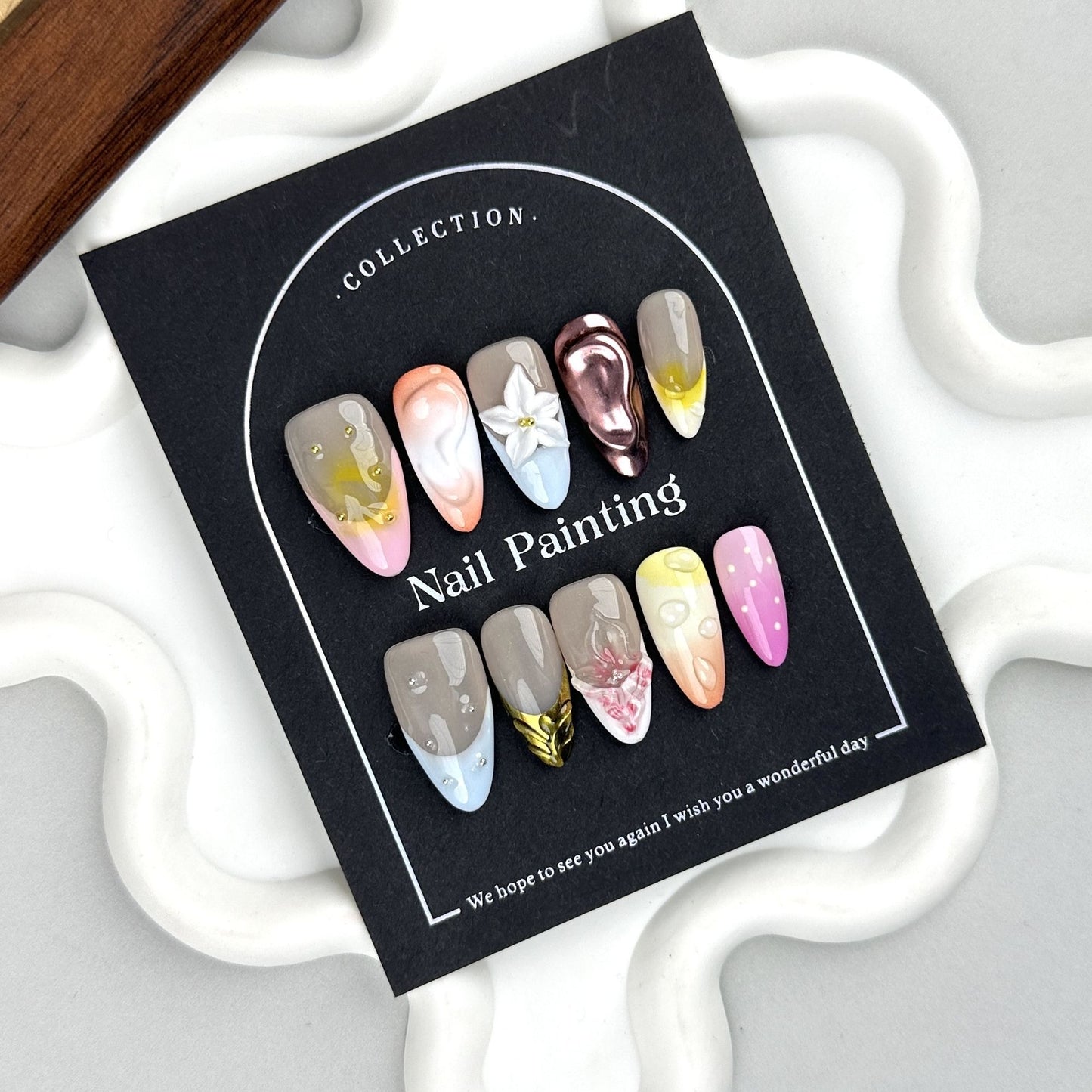 AF3130Zebra Stripe & Gradient Press-On Nails with 3D Flowers and Pearls – Handmade Artistic Nail Tips