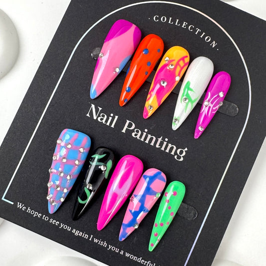 AF4192-Fashion Acrylic Press-On Nails with Artistic Details – Gradient Colors, Zebra Stripes, Flowers & Pearls