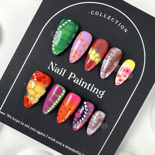 AF3711-Fashion Acrylic Press-On Nails with Artistic Details – Gradient Colors, Zebra Stripes, Flowers & Pearls